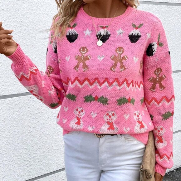 SHEIN Christmas Ugly Chrustmas Pink Gingerbread Vintafe Inspired Sweater, NWOT - Picture 1 of 13